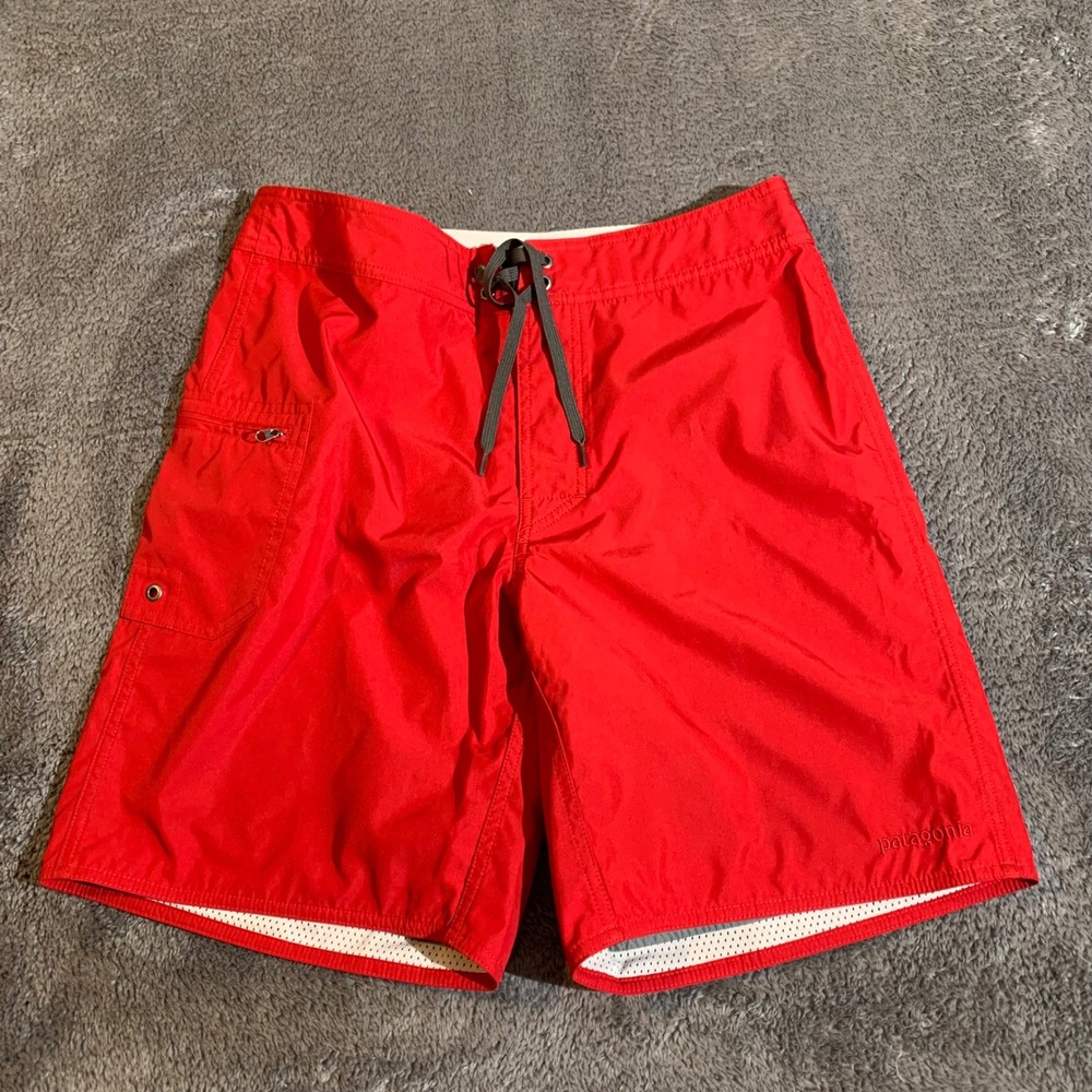 Patagonia Mens Red Board Shorts‎ Swim Trunks Size 32 Cargo Pocket Drawstring